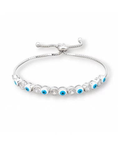 Bracciale Di Argento 925 Con Occhio Di Allah e Zirconi 5mm Con Misura Regolabile Rodiato Celeste-BRACCIALI TENNIS | Worldofjewel.com