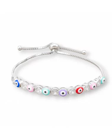 Bracciale Di Argento 925 Con Occhio Di Allah e Zirconi 5mm Con Misura Regolabile Rodiato Multicolor-BRACCIALI TENNIS | Worldofjewel.com