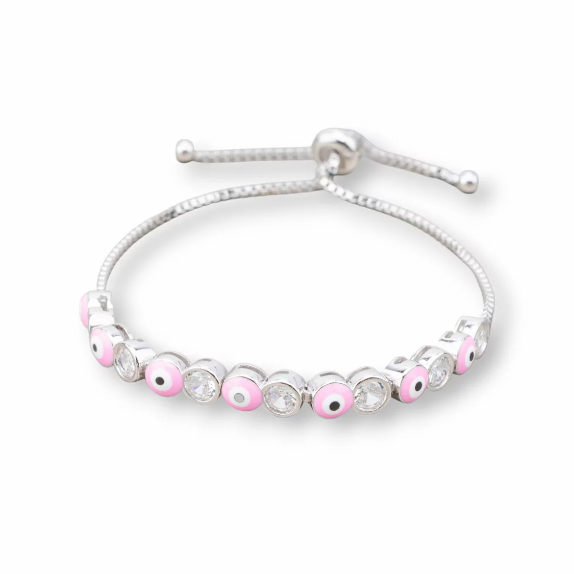 Bracciale Di Argento 925 Con Occhio Di Allah e Zirconi 5mm Con Misura Regolabile Rodiato Rosa-BRACCIALI TENNIS | Worldofjewel.com