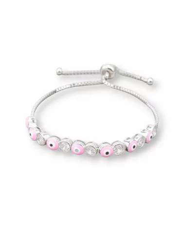 Bracciale Di Argento 925 Con Occhio Di Allah e Zirconi 5mm Con Misura Regolabile Rodiato Rosa-BRACCIALI TENNIS | Worldofjewel.com