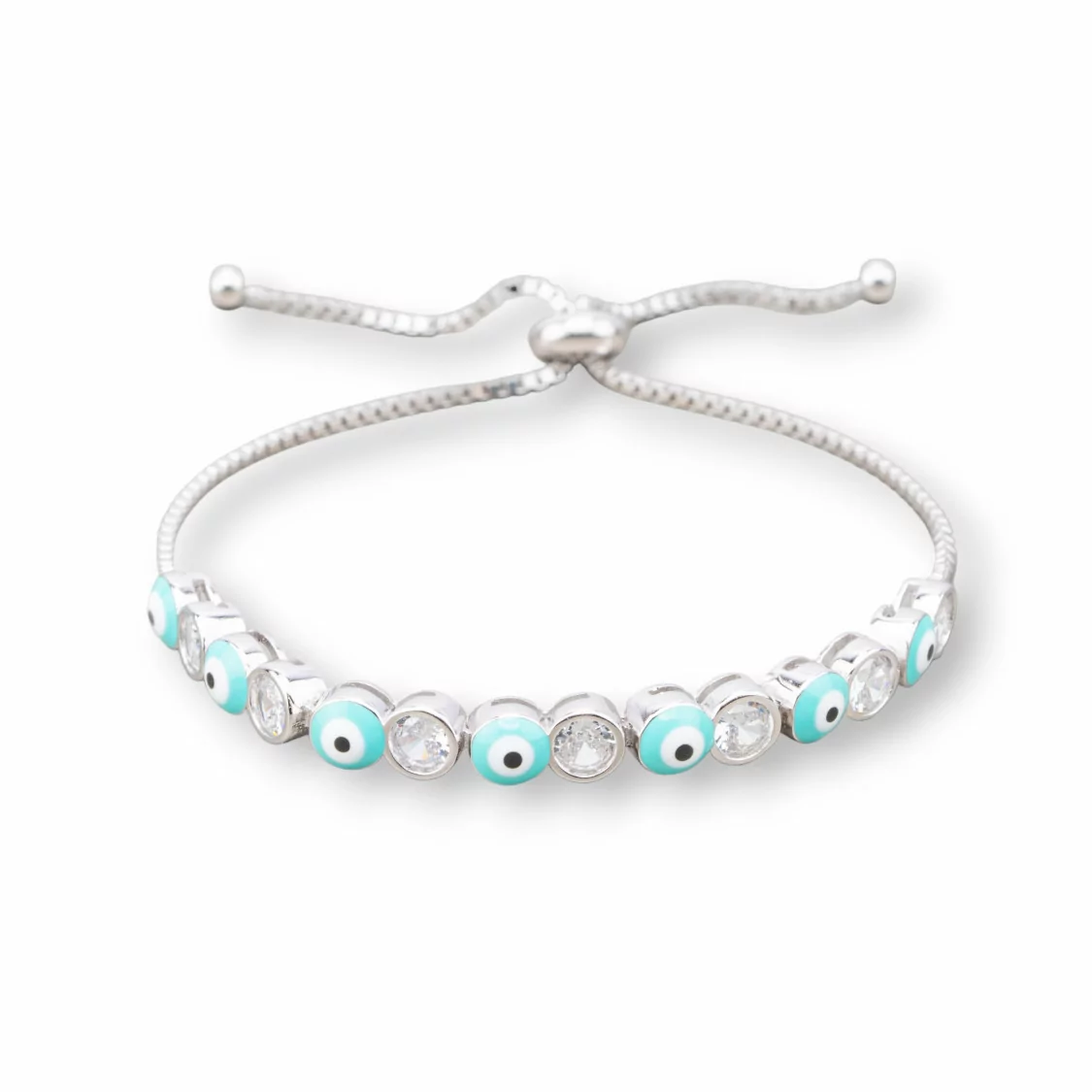 Bracciale Di Argento 925 Con Occhio Di Allah e Zirconi 5mm Con Misura Regolabile Rodiato Verde Acqua-BRACCIALI TENNIS | Worldofjewel.com