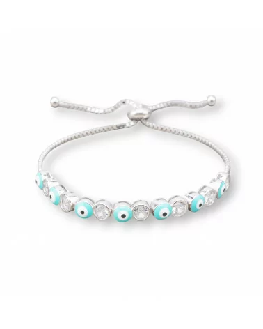 Bracciale Di Argento 925 Con Occhio Di Allah e Zirconi 5mm Con Misura Regolabile Rodiato Verde Acqua-BRACCIALI TENNIS | Worldofjewel.com