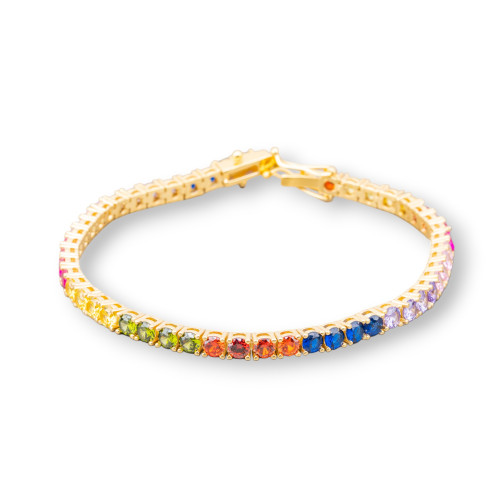 Bracciale Di Argento 925 Tennis Con Zircone Tondo da 3,5mm Lunghezza 18,5cm Multicolor Dorato