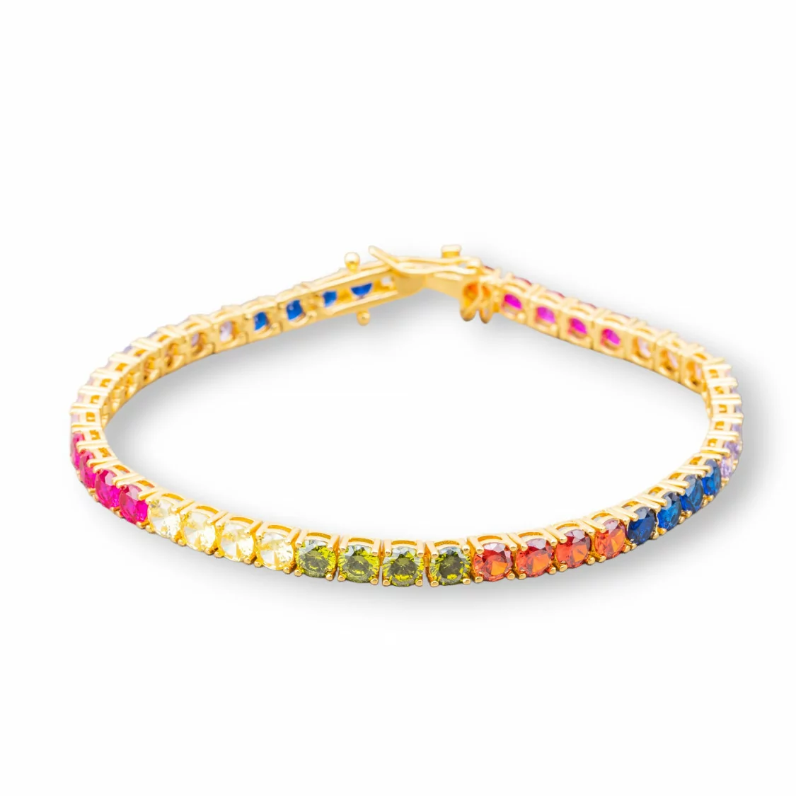 Bracciale Di Argento 925 Tennis Con Zircone Tondo da 4,0mm Lunghezza 18,5cm Multicolor Dorato-BRACCIALI TENNIS | Worldofjewel.com