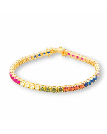 Bracciale Di Argento 925 Tennis Con Zircone Tondo da 4,0mm Lunghezza 18,5cm Multicolor Dorato-BRACCIALI TENNIS | Worldofjewel.com