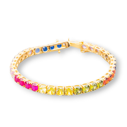 Bracciale Di Argento 925 Tennis Con Zircone Tondo da 5,0mm Lunghezza 18,5cm Dorato Multicolor