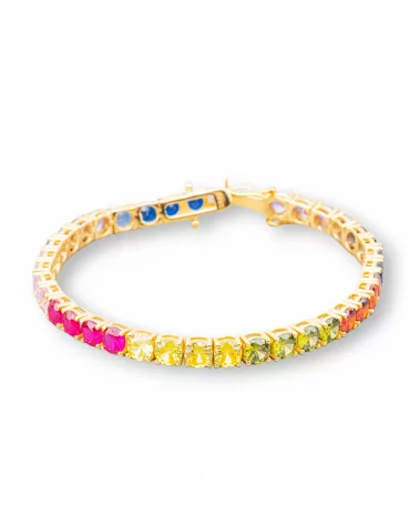 Bracciale Di Argento 925 Tennis Con Zircone Tondo da 5,0mm Lunghezza 18,5cm Dorato Multicolor-BRACCIALI TENNIS | Worldofjewel.com