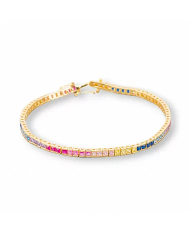 Bracciale Di Argento 925 Tennis Con Zirconi Quadrati da 3mm Lunghezza 18,5cm Multicolor Gradiente Dorato-BRACCIALI TENNIS | Worldofjewel.com