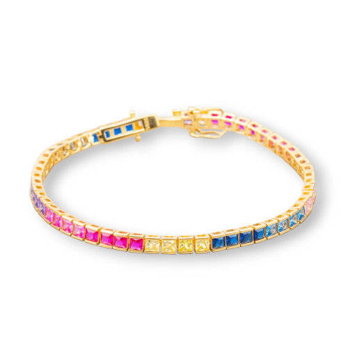 Pulsera Tennis de Plata 925 con Circonitas Cuadradas de 4 mm, Longitud 18,5 cm, Degradado Dorado Multicolor