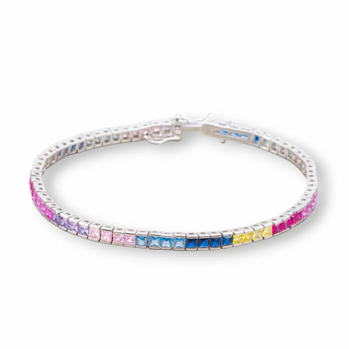 Bracciale Di Argento 925 Tennis Con Zirconi Quadrati da 4mm Lunghezza 18,5cm Multicolor Gradiente Rodiato-BRACCIALI TENNIS | Worldofjewel.com