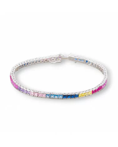 Bracciale Di Argento 925 Tennis Con Zirconi Quadrati da 4mm Lunghezza 18,5cm Multicolor Gradiente Rodiato-BRACCIALI TENNIS | Worldofjewel.com