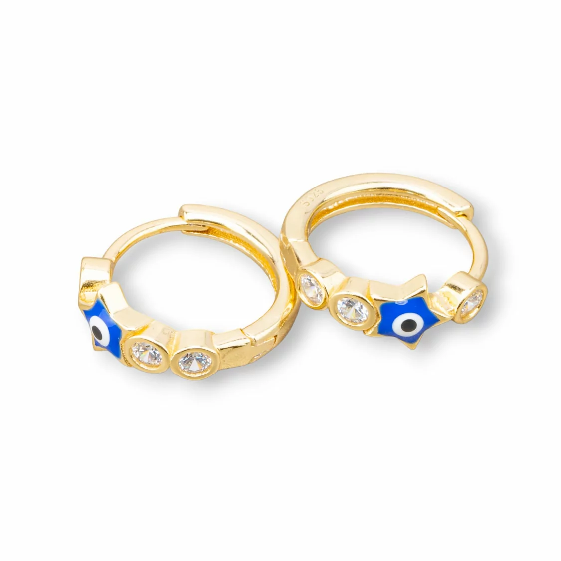 Orecchini Perno Di Argento 925 Con Cerchietto Occhio di Allah Stella 5x16mm 2 Coppie Dorato Blu-ARGENTO 925 DESIGN ITALY | Worldofjewel.com