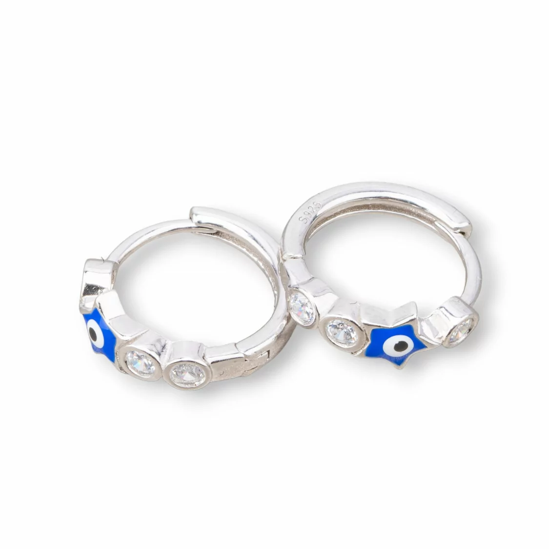 Orecchini Perno Di Argento 925 Con Cerchietto Occhio di Allah Stella 5x16mm 2 Coppie Rodiato Blu-ARGENTO 925 DESIGN ITALY | Worldofjewel.com