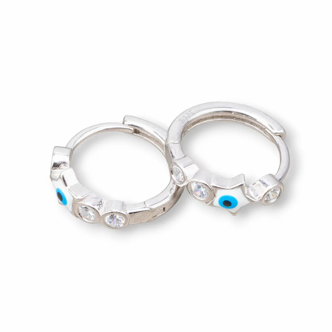 Orecchini Perno Di Argento 925 Con Cerchietto Occhio di Allah Stella 5x16mm 2 Coppie Rodiato Celeste-ARGENTO 925 DESIGN ITALY | Worldofjewel.com