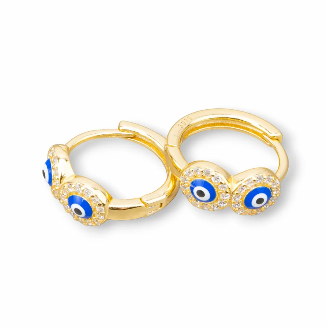 Orecchini Perno Di Argento 925 Con Cerchietto Occhio di Allah Tondo 9x17mm 2 Coppie Dorato Blu-ARGENTO 925 DESIGN ITALY | Worldofjewel.com