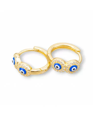 Orecchini Perno Di Argento 925 Con Cerchietto Occhio di Allah Tondo 9x17mm 2 Coppie Dorato Blu-ARGENTO 925 DESIGN ITALY | Worldofjewel.com