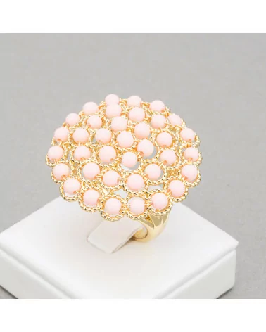 Anello Di Bronzo Con Perline Di Pietre Dure Ammagliate 30mm Misura Regolabile Pasta Di Corallo Rosa-ANELLI BRONZO CON PIETRE INCASTONATE | Worldofjewel.com