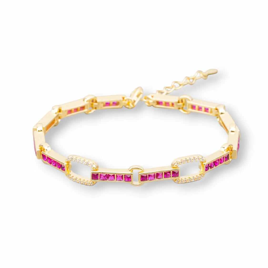 Bracciale Di Argento 925 'Amelia' Con Zircone A Quadrati E Maglia Ovale Larghezza 7,5m Lunghezza 17,5cm+3cm Dorato Rosso Ruby-BRACCIALI TENNIS | Worldofjewel.com