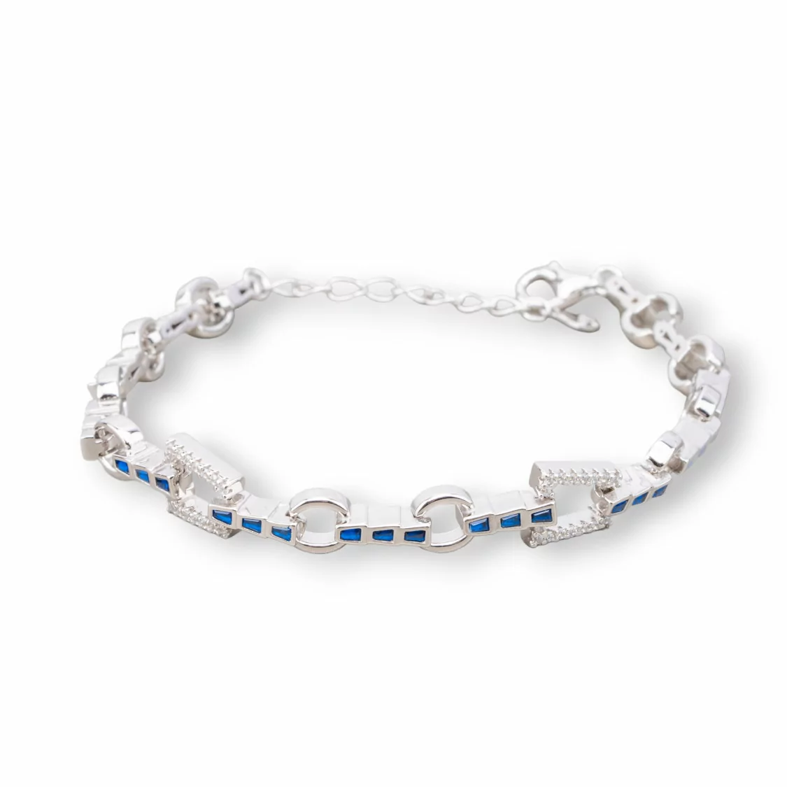 Bracciale Di Argento 925 'Amelia' Con Zircone Trapezio E Catena Larghezza 8mm Lunghezza 17cm+3cm Rodiato Blu-BRACCIALI TENNIS | Worldofjewel.com