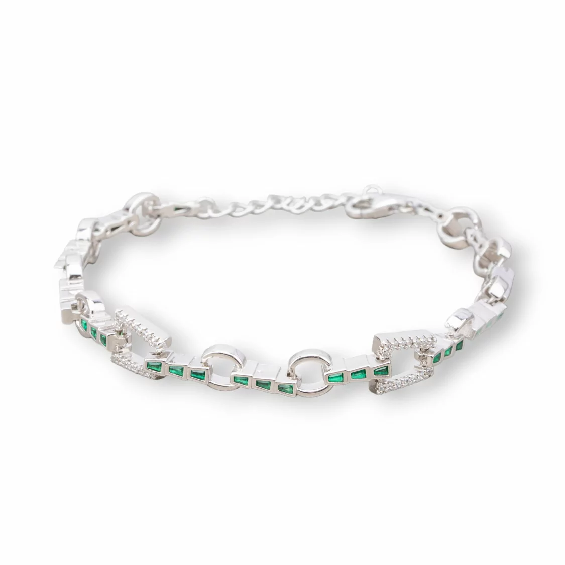 Bracciale Di Argento 925 'Amelia' Con Zircone Trapezio E Catena Larghezza 8mm Lunghezza 17cm+3cm Rodiato Verde-BRACCIALI TENNIS | Worldofjewel.com