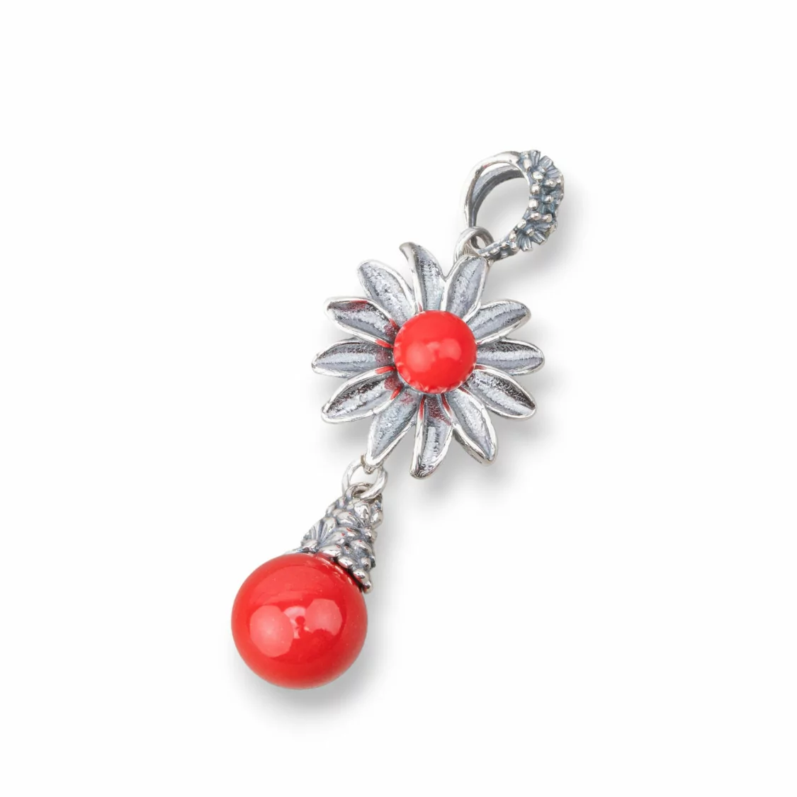 Pendente Di Argento 925 Made in ITALY 18x48mm Con Pasta Di Corallo 4Fiori-ARGENTO 925 DESIGN ITALY | Worldofjewel.com