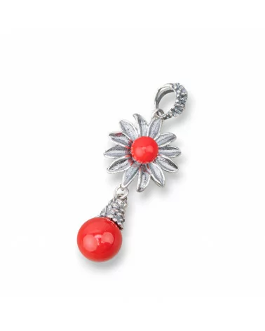 Pendente Di Argento 925 Made in ITALY 18x48mm Con Pasta Di Corallo 4Fiori-ARGENTO 925 DESIGN ITALY | Worldofjewel.com