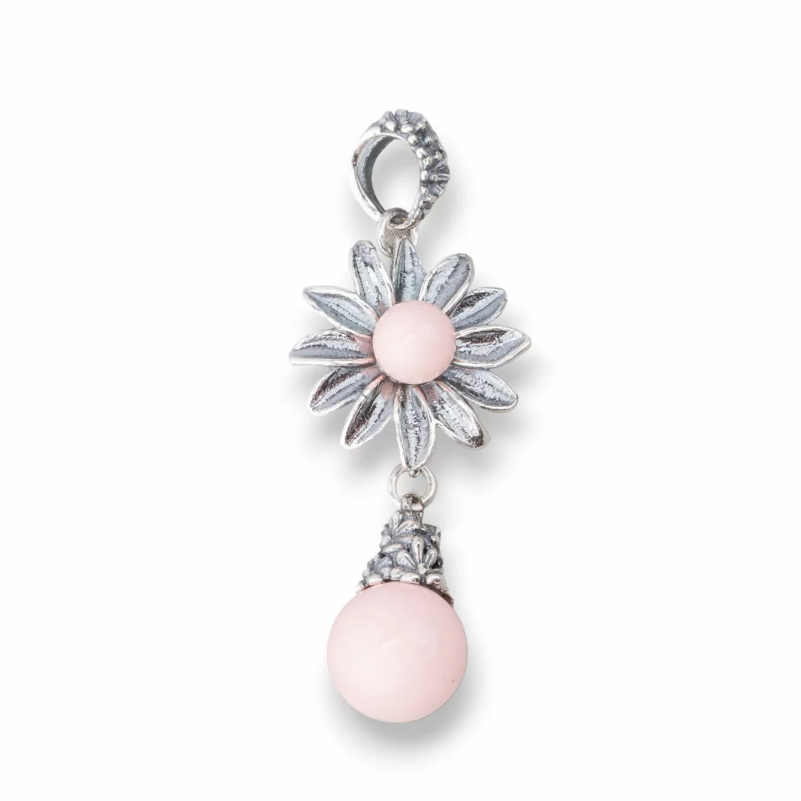 Pendente Di Argento 925 Made in ITALY 18x48mm Con Pasta Di Corallo Rosa 4Fiori-ARGENTO 925 DESIGN ITALY | Worldofjewel.com