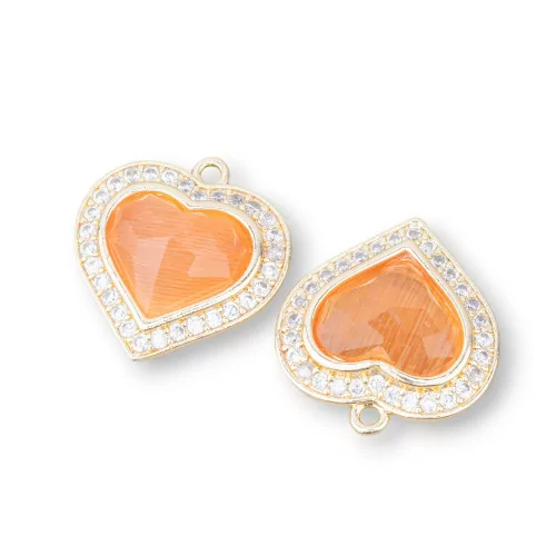 Componente Colgante De Bronce Con Ojo De Gato Corazón 18mm Con 1 Anillo 6 Piezas Naranja Dorado