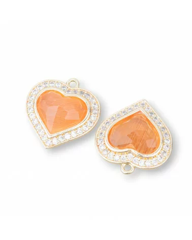 Componente Pendente Di Bronzo Con Occhio Di Gatto Incastonati Cuore 18mm Con 1 Anellino 6pz Dorato Arancio-CABOCHON BORDATI E INCASTONATI | Worldofjewel.com