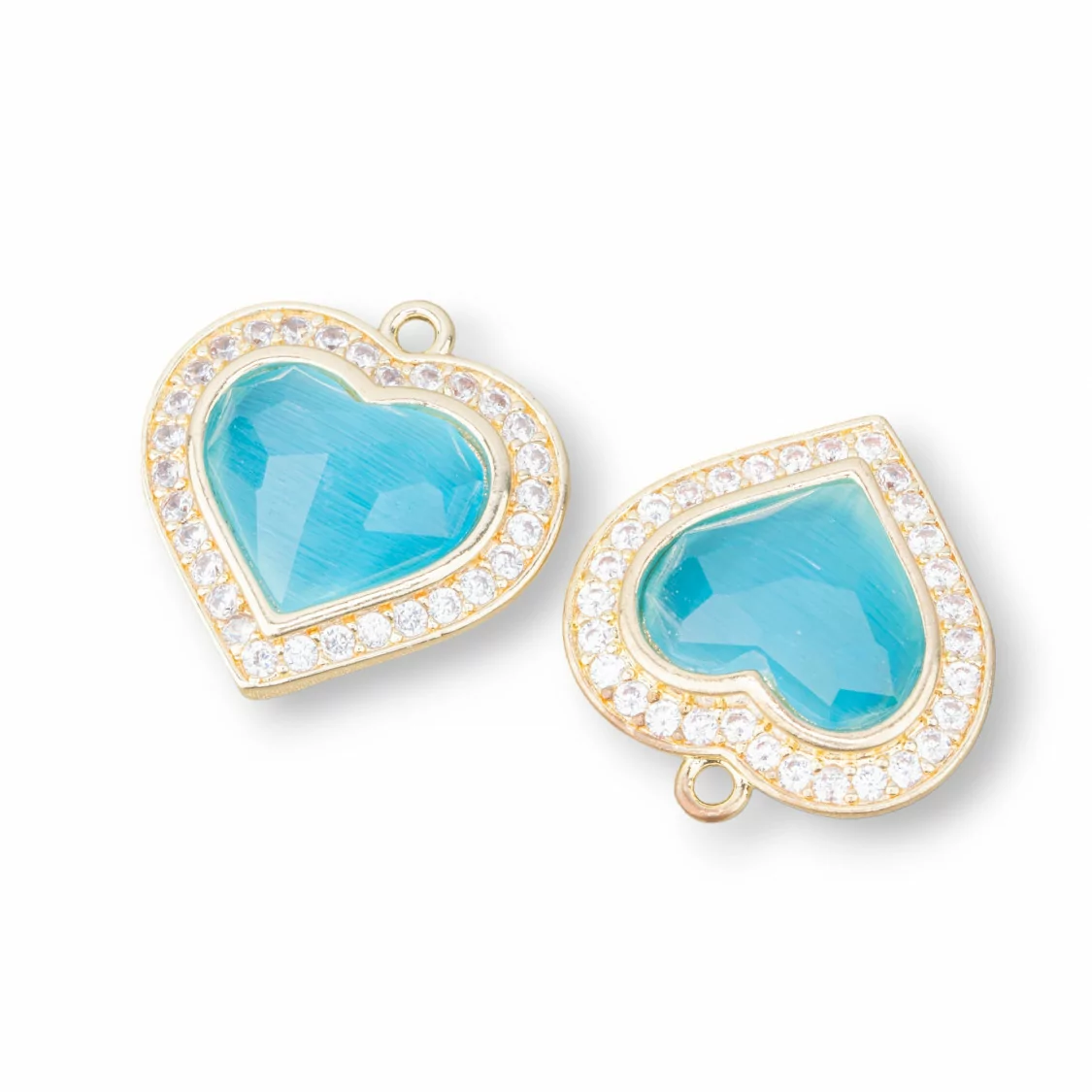 Componente Pendente Di Bronzo Con Occhio Di Gatto Incastonati Cuore 18mm Con 1 Anellino 6pz Dorato Azzurro Acqua-CABOCHON BORDATI E INCASTONATI | Worldofjewel.com