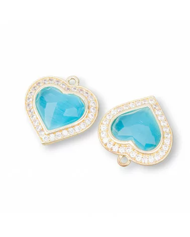 Componente Pendente Di Bronzo Con Occhio Di Gatto Incastonati Cuore 18mm Con 1 Anellino 6pz Dorato Azzurro Acqua-CABOCHON BORDATI E INCASTONATI | Worldofjewel.com