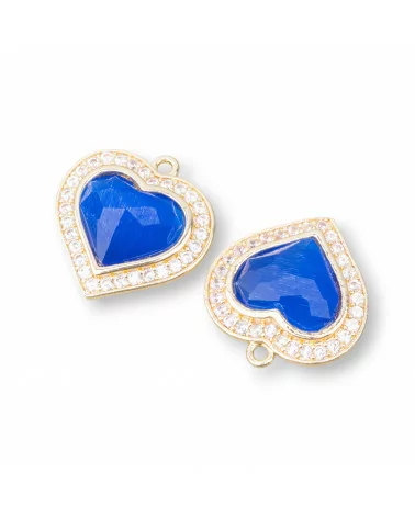 Componente Pendente Di Bronzo Con Occhio Di Gatto Incastonati Cuore 18mm Con 1 Anellino 6pz Dorato Blu-CABOCHON BORDATI E INCASTONATI | Worldofjewel.com