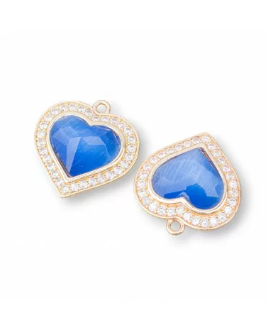 Componente Pendente Di Bronzo Con Occhio Di Gatto Incastonati Cuore 18mm Con 1 Anellino 6pz Dorato Blu Chiaro-CABOCHON BORDATI E INCASTONATI | Worldofjewel.com