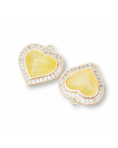 Componente Pendente Di Bronzo Con Occhio Di Gatto Incastonati Cuore 18mm Con 1 Anellino 6pz Dorato Giallo Ghiaccio-CABOCHON BORDATI E INCASTONATI | Worldofjewel.com