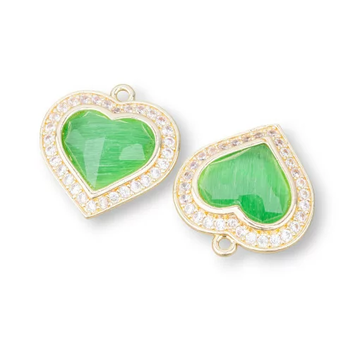 Componente Pendente Di Bronzo Con Occhio Di Gatto Incastonati Cuore 18mm Con 1 Anellino 6pz Dorato Verde-CABOCHON BORDATI E INCASTONATI | Worldofjewel.com