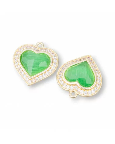 Componente Pendente Di Bronzo Con Occhio Di Gatto Incastonati Cuore 18mm Con 1 Anellino 6pz Dorato Verde-CABOCHON BORDATI E INCASTONATI | Worldofjewel.com