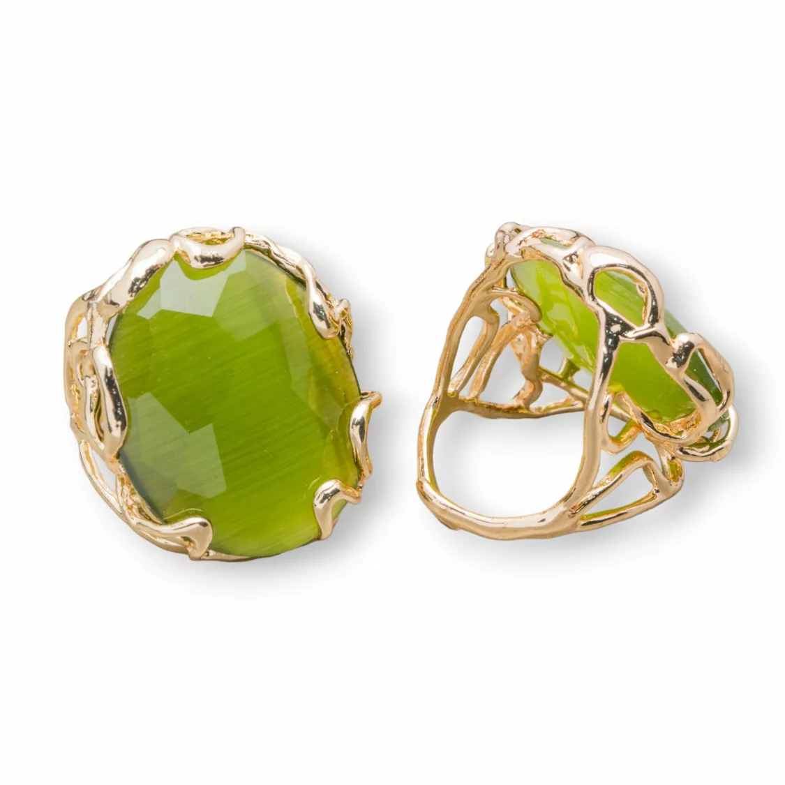 Anello Di Bronzo Collezione AURORA 28x32mm Con Occhio Di Gatto Misura Regolabile Dorato Verde Bosco-ANELLI BRONZO E OCCHIO DI GATTO | Worldofjewel.com