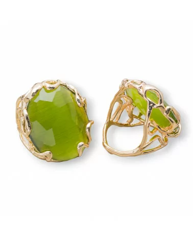 Anello Di Bronzo Collezione AURORA 28x32mm Con Occhio Di Gatto Misura Regolabile Dorato Verde Bosco-ANELLI BRONZO E OCCHIO DI GATTO | Worldofjewel.com