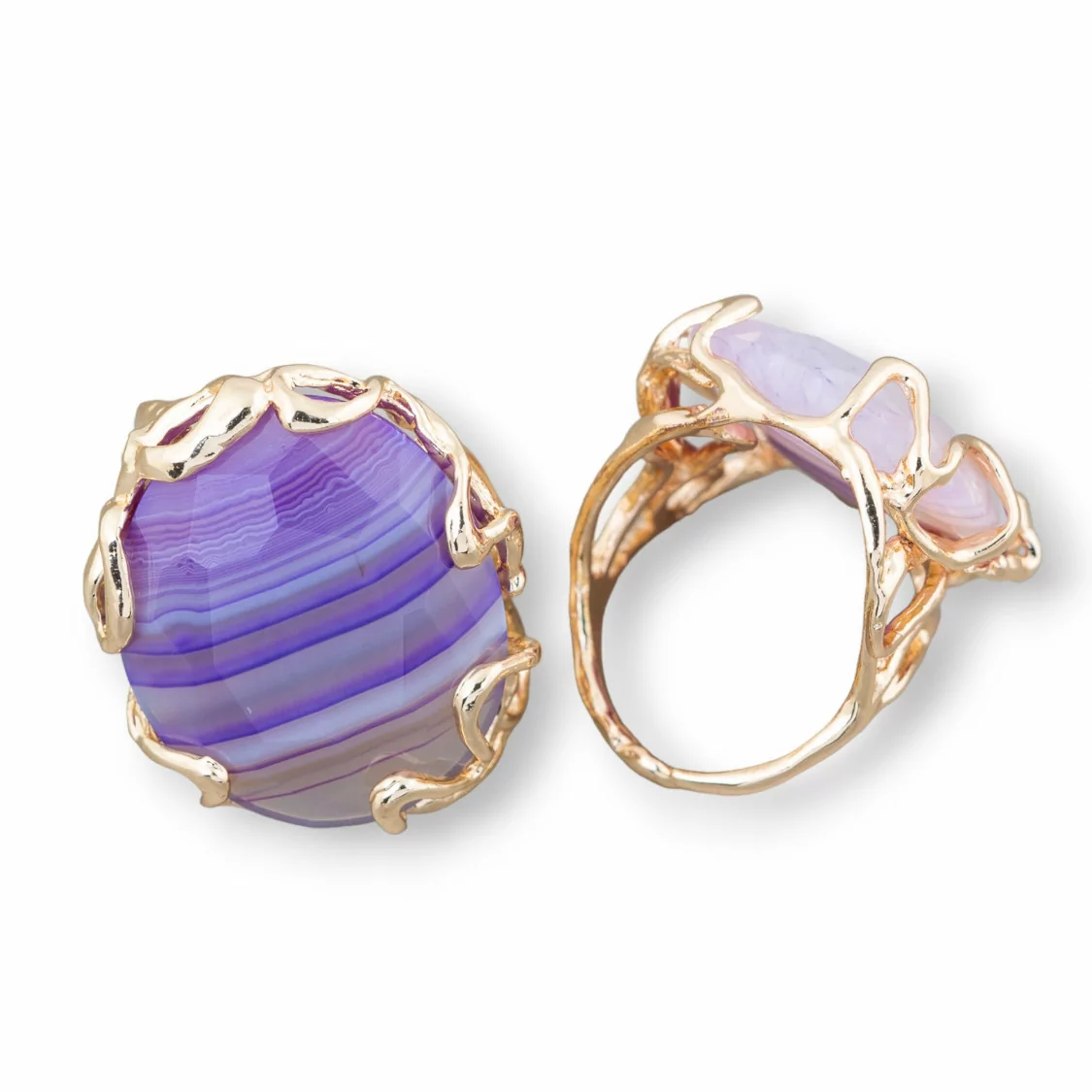 Anello Di Bronzo Collezione AURORA 28x32mm Con Pietre Dure Misura Regolabile Dorato Agata Viola Striata-ANELLI BRONZO E OCCHIO DI GATTO | Worldofjewel.com