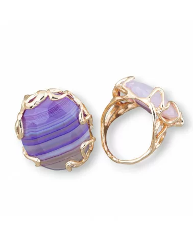 Anello Di Bronzo Collezione AURORA 28x32mm Con Pietre Dure Misura Regolabile Dorato Agata Viola Striata-ANELLI BRONZO E OCCHIO DI GATTO | Worldofjewel.com