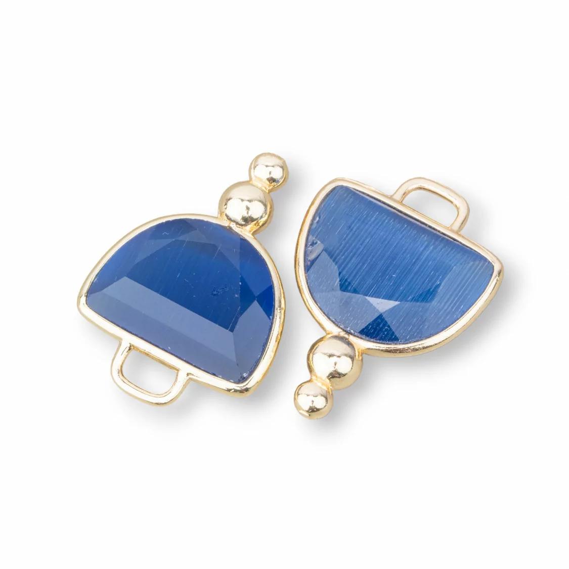 Connettore Componente Di Ottone Con Occhio Di Gatto Sfaccettato Semisfera Con 2 Palline 16x22mm 10pz Dorato Blu Zaffiro- QUADRATO | Worldofjewel.com