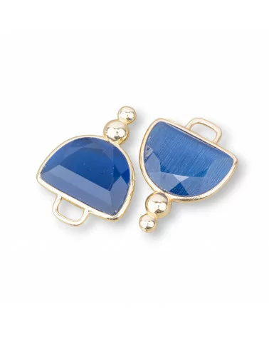 Connettore Componente Di Ottone Con Occhio Di Gatto Sfaccettato Semisfera Con 2 Palline 16x22mm 10pz Dorato Blu Zaffiro- QUADRATO | Worldofjewel.com