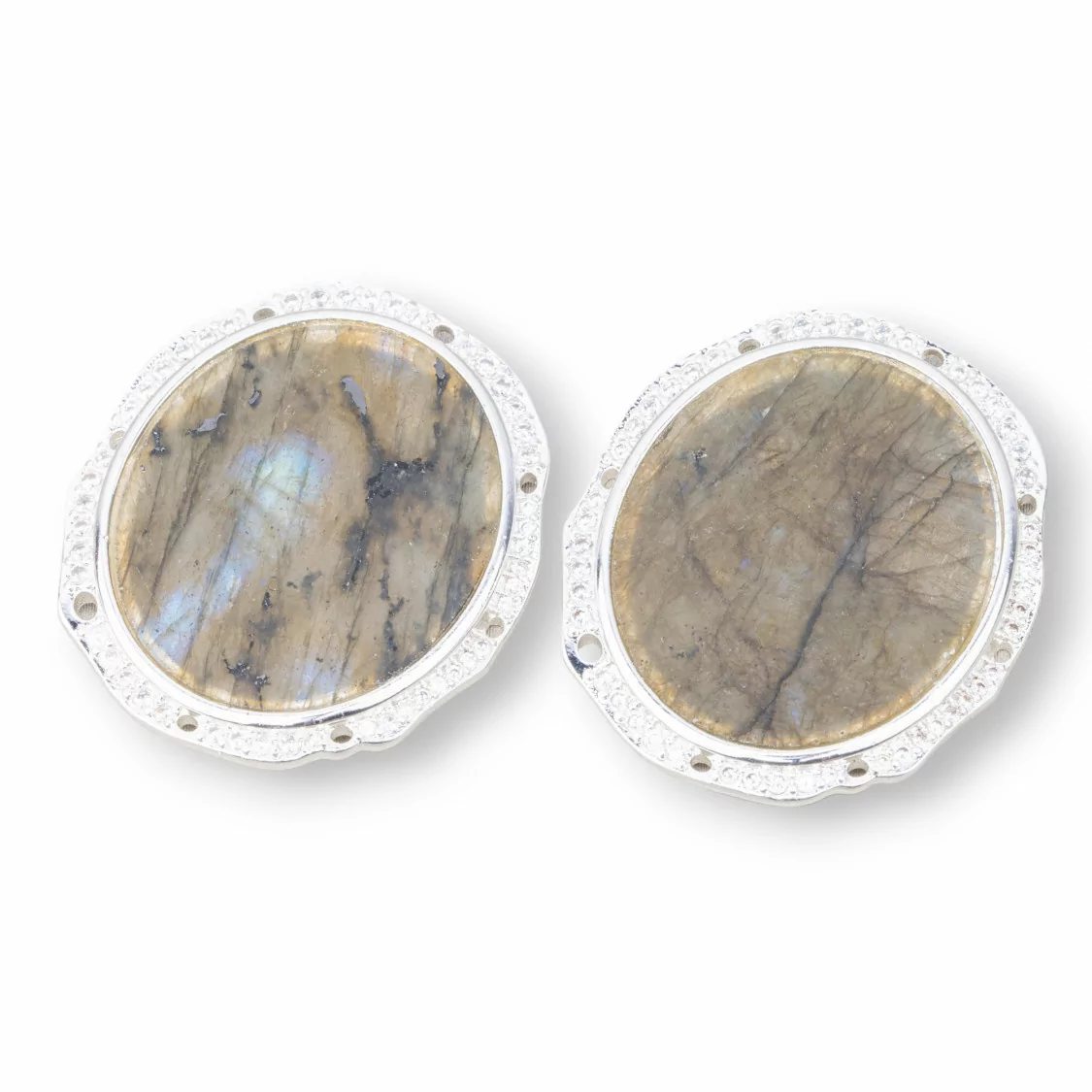 Componente Pendente Di Bronzo Con Pietre Dure Incastonati Ovale 28x31mm Con 8 Fori 4pz Rodiato Labradorite-CABOCHON BORDATI E INCASTONATI | Worldofjewel.com