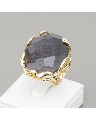 Anello Di Bronzo Collezione AURORA 28x32mm Con Occhio Di Gatto Misura Regolabile Dorato Grigio Scuro-ANELLI BRONZO E OCCHIO DI GATTO | Worldofjewel.com