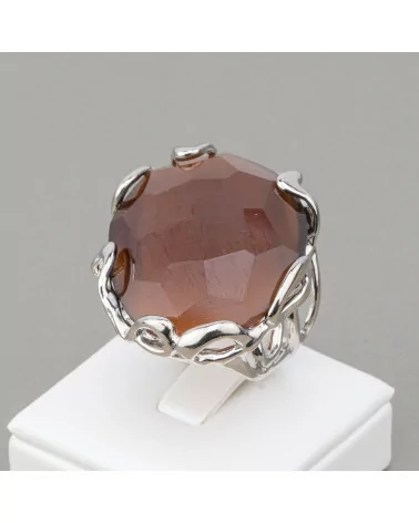 Anello Di Bronzo Collezione AURORA 28x32mm Con Occhio Di Gatto Misura Regolabile Rodiato Marrone Scuro-ANELLI BRONZO E OCCHIO DI GATTO | Worldofjewel.com