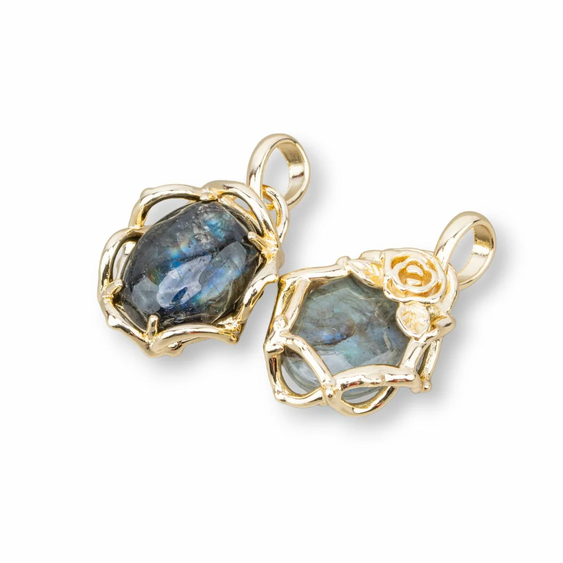 Ciondolo Pendente Di Bronzo Stile Barocco Con Pietre Dure 20x32mm 4Pz Dorato Labradorite-CIONDOLI DI PIETRE DURE | Worldofjewel.com