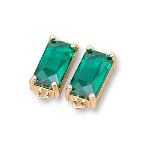 Bronze Connector Component With CZ Crystals Faceted Rectangle 8x16mm 15pcs With 2 Green Rings