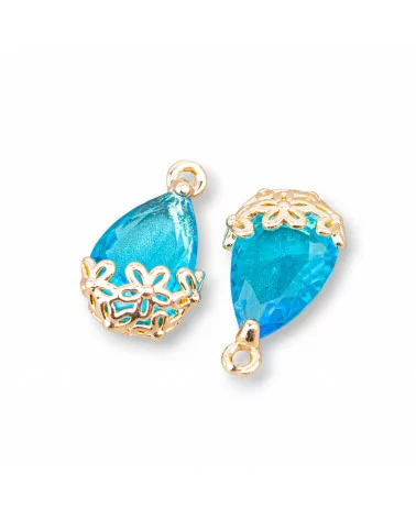 Componente Pendente Di Bronzo Con Cristalli CZ Goccia Sfaccettata 9x14mm 22pz Con 1 Anellino Azzurro-PENDENTI E CHARMS | Worldofjewel.com