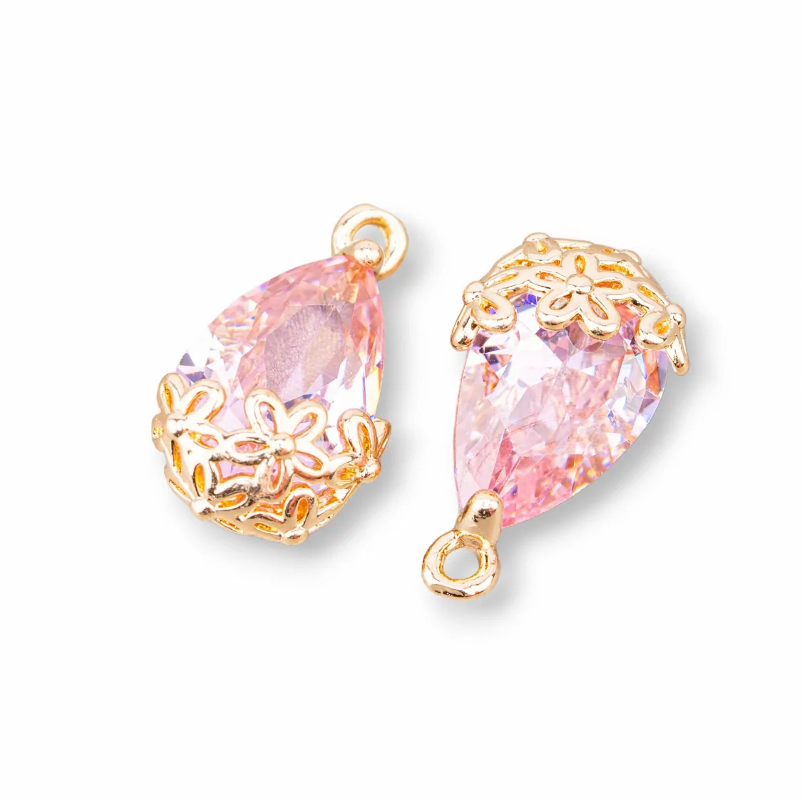 Componente Pendente Di Bronzo Con Cristalli CZ Goccia Sfaccettata 9x14mm 22pz Con 1 Anellino Rosa-PENDENTI E CHARMS | Worldofjewel.com