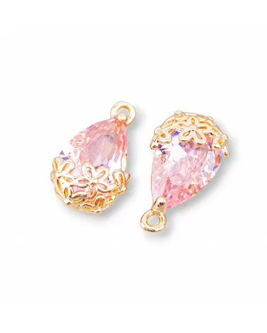 Componente Pendente Di Bronzo Con Cristalli CZ Goccia Sfaccettata 9x14mm 22pz Con 1 Anellino Rosa-PENDENTI E CHARMS | Worldofjewel.com